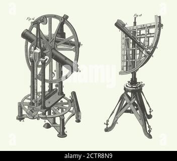 Il Circolo ripetitivo di Dolland e il Quadrant di Troughton, Astronomical Instruments Engraving Antique Illustration, pubblicato nel 1851 Foto Stock