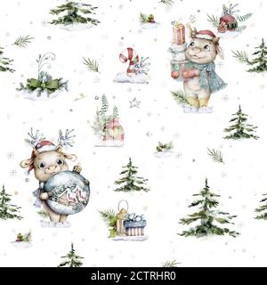 Biglietto d'auguri cinese felice per il nuovo anno con motivo senza cuciture. 2021 zodiaco. Carino mucca con confezione regalo. Animale vacanze cartoon carattere. Acquerello disegnato a mano Foto Stock