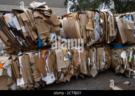 Scatole di cartone impacchettati all'esterno di un grande negozio in attesa di ritiro per il riciclaggio Foto Stock