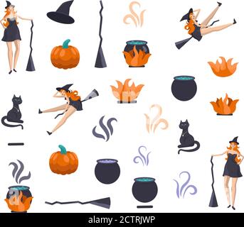 Icone di Halloween in stile piatto. Ci sono strega, cappello, gatto, caldaia, fuoco, falò, zucca, scopa. Illustrazione Vettoriale