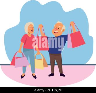 vecchia coppia con shopping borse caratteri disegno vettoriale illustrazione Illustrazione Vettoriale