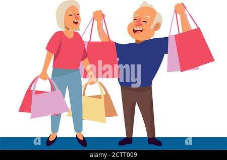 vecchia coppia con shopping borse caratteri disegno vettoriale illustrazione Illustrazione Vettoriale