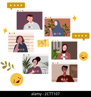 ideo call persone set di personaggi collezione uomini donne in mostra schermo per smartphone con cartoni animati piatti Illustrazione Vettoriale