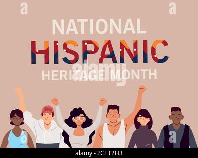 Nazionale ispanico mese del patrimonio con donne e uomini latino cartoni animati design, cultura e diversità tema illustrazione vettoriale Illustrazione Vettoriale