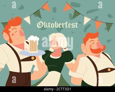 oktoberfest uomini e donna con tradizionale birra di stoffa e banner pennant design, festival Germania e tema celebrazione illustrazione vettoriale Illustrazione Vettoriale