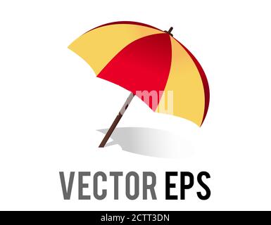L'isolato vettore arancione, rosso striato ombrellone aperto sulla terra icona con ombra del sole Illustrazione Vettoriale