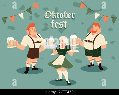 oktoberfest uomini e donna con tradizionale birra di stoffa e banner pennant design, festival Germania e tema celebrazione illustrazione vettoriale Illustrazione Vettoriale
