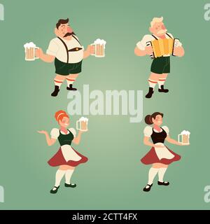 oktoberfest uomini e donne con il tradizionale design di stoffe e birra, festival Germania e tema celebrazione illustrazione vettoriale Illustrazione Vettoriale