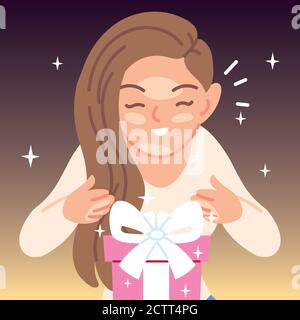 Girl cartone animato apertura regalo design, felice compleanno celebrazione decorazione festa e sorpresa tema illustrazione vettoriale Illustrazione Vettoriale