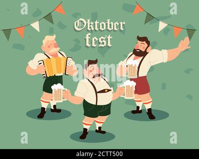 oktoberfest uomini con tradizionale birra di stoffa e banner pennant design, festival Germania e tema celebrazione illustrazione vettoriale Illustrazione Vettoriale