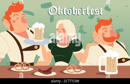 oktoberfest uomo e donna con birra salsicce e design pretzels, festival Germania e tema celebrazione illustrazione vettoriale Illustrazione Vettoriale