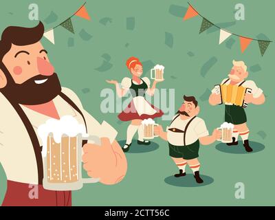oktoberfest uomini e donna con tradizionale birra di stoffa e banner pennant design, festival Germania e tema celebrazione illustrazione vettoriale Illustrazione Vettoriale