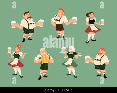 oktoberfest uomini e donne con il tradizionale design di stoffe e birra, festival Germania e tema celebrazione illustrazione vettoriale Illustrazione Vettoriale