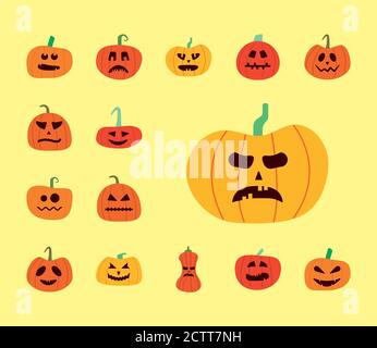 confezione di zucche di halloween in icone di stile piatto di sfondo giallo disegno di illustrazione vettoriale Illustrazione Vettoriale