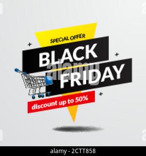 retro bandiera nero venerdì vendita offerta banner modello con carrello illustrazione Illustrazione Vettoriale