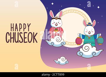 felice chuseok celebrazione con conigli coppia galleggianti in vettore nuvole disegno dell'illustrazione Illustrazione Vettoriale