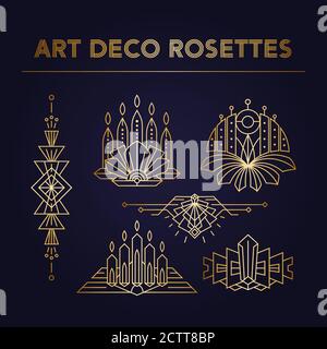 Ornamenti Art Deco palmette. set di decorazioni con rosette degli anni '20. Modello isolato di elementi di progettazione lineari Illustrazione Vettoriale