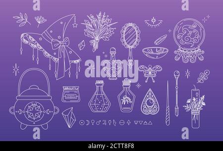 Insieme isolato di elementi magici. Collezione stregoneria oggetti di strega - disegni in stile lineare Illustrazione Vettoriale