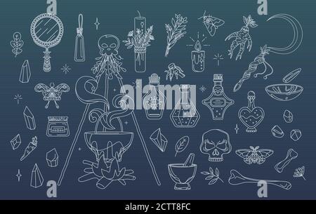 Wicca, insieme di elementi di erboristeria e stregoneria. Collezione magica piccoli disegni in stile lineare Illustrazione Vettoriale