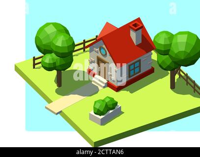 Casa isometrica con tetto rosso e camino in periferia o. sul paesaggio rurale Illustrazione Vettoriale