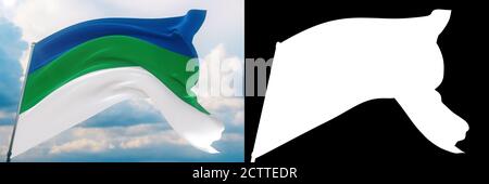 Bandiera di Komi. Illustrazione 3D in primo piano ad alta risoluzione. Bandiere dei soggetti federali della Russia. Set di flag e immagine alfa opaca. Qualità molto alta Foto Stock