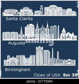 Città degli Stati Uniti - Birmingham, Santa Clarita, Augusta. Architettura dettagliata. Illustrazione vettoriale alla moda. Illustrazione Vettoriale