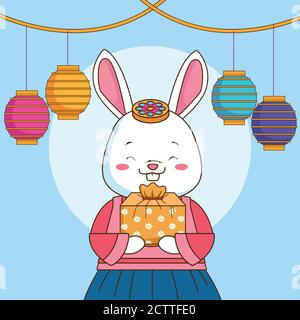 felice chuseok celebrazione con coniglio sollevamento dono e lanterne appeso disegno di illustrazione vettoriale Illustrazione Vettoriale