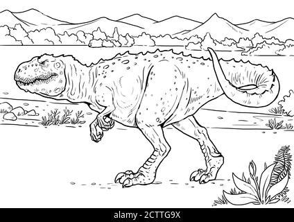 Dinosauro carnivoro - giganotosauro. Pagina da colorare Dino e modello da colorare. Foto Stock