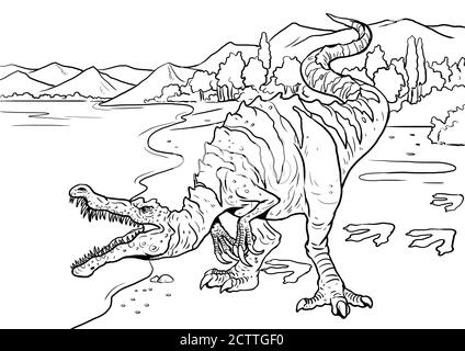 Dinosauro carnivoro - Baryonyx. Disegno isolato attacco Dino. Pagina da colorare per bambini e adulti. Modello di libro da colorare. Foto Stock