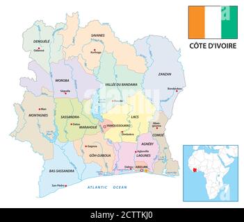 Nuova mappa amministrativa vettoriale della Repubblica Africana Costa d'Avorio con flag Illustrazione Vettoriale