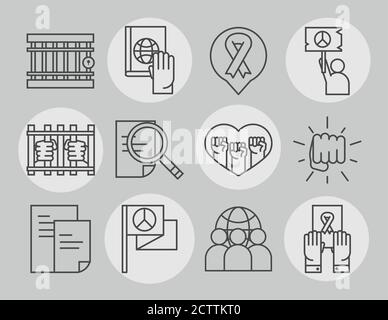 giornata internazionale dei diritti umani, umanitaria, di pace, di giustizia e altro ancora, le icone impostano lo stile delle linee di illustrazione vettoriale Illustrazione Vettoriale