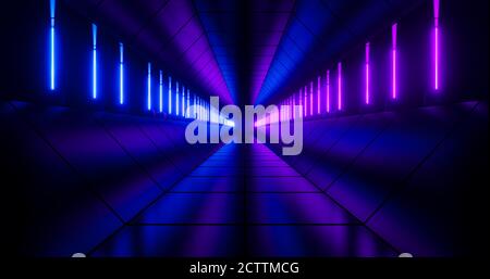 3d rendering tunnel in metallo scuro con sfondo chiaro al neon blu e rosa. Foto Stock