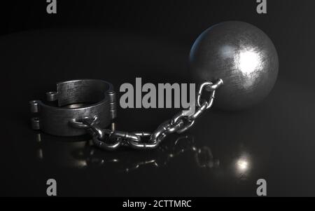 Una sfera e una catena in metallo pesante con un arco aperto su uno sfondo scuro isolato illuminato da un faretto - Rendering 3D Foto Stock