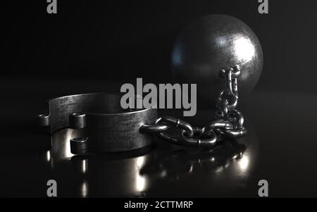 Una sfera e una catena in metallo pesante con un arco aperto su uno sfondo scuro isolato illuminato da un faretto - Rendering 3D Foto Stock