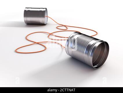 Un paio di telefoni giocattolo fatti in casa in stagno vuoto lattine e collegate con una stringa su un bianco isolato Sfondo - rendering 3D Foto Stock