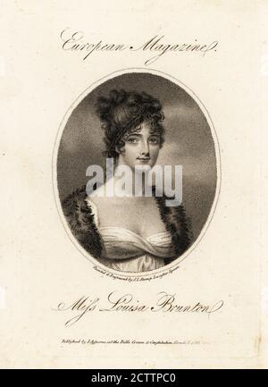 Miss Louisa Brunton (1785-1860), attrice inglese che ha suonato a Covent Garden, Londra. Divenne contessa di Craven nel 1812 in occasione del suo matrimonio con il generale William Craven, i conte di Craven. Indossa un abito classico con stola in pelliccia e i suoi capelli in boccoli ricci. Ritratto ovale incisione su copperplate, inciso e dipinto da Samuel John Stump, pubblicato sulla rivista europea, J. Asperne, Bibbia Corona e Costituzione, Cornhill, 1806. Foto Stock