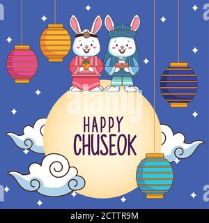 felice chuseok celebrazione con conigli coppia e lampade appesi in disegno di illustrazione del vettore lunare Illustrazione Vettoriale