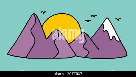 Tramonto colorato o alba in montagna. Illustrazione vettoriale doodle disegnata a mano. Due montagne enormi e grande sole. Linea nera spessa. Alcuni uccelli volanti Illustrazione Vettoriale