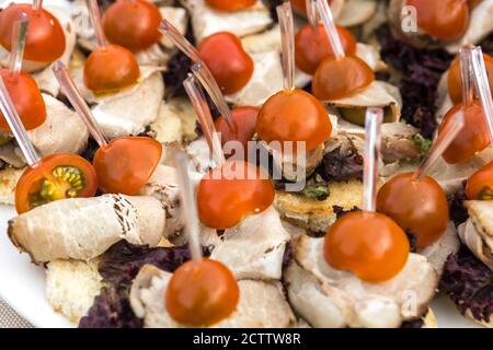 Canape su uno spiedino di pomodori, cetrioli, carne, formaggio, panna, verdure primo piano Foto Stock