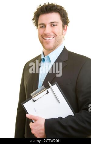 Il giovane uomo in tuta porta un portadocumenti Foto Stock