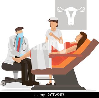 Il ginecologo esamina il paziente seduto su una sedia di esame ginecologico. Concetto di gravidanza, donna, ginecologia o assistenza sanitaria femminile. Illus vettore Illustrazione Vettoriale
