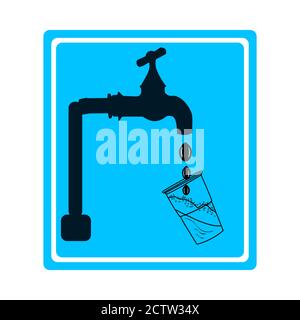 Segno di acqua potabile isolato su sfondo bianco. Segno blu con rubinetto, gocce e vetro. Simbolo di acqua potabile pura. Emblema dell'acqua potabile. Vettore stock Illustrazione Vettoriale