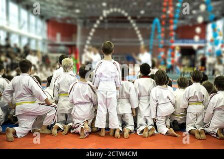Un gruppo di bambini in kimono. Guarda una dimostrazione di maestri del karate. Foto Stock
