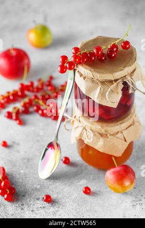 due vasetti di marmellata di frutta fatta in casa. Vasetti di vetro con diversi tipi di marmellata e bacche. Confettura di prugne e ribes rosso su sfondo grigio chiaro. Foto Stock