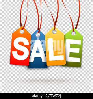 Quattro tag di sospensione DI VENDITA colorati con trasparenza in file vettoriale Illustrazione Vettoriale