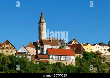 Kirchberg an der Jagst: Vecchia stoppa con torre cittadina, Hohenlohe, quartiere di Schwäbisch, Baden-Wuerttemberg, Germania Foto Stock