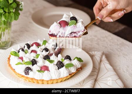 Bella crostata di meringa di frutti di bosco appena fatta decorata con foglie di menta sul piatto. Splendida composizione di BlackBerry meringue torta ancora vita. Photogra di cibo Foto Stock