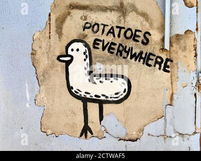 18 giugno 2020 - disegno divertente e scrittura sul muro - patate ovunque. Graffiti di Street art in Spagna Foto Stock