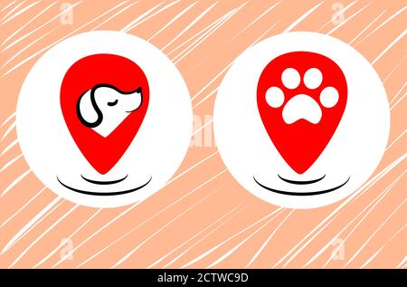 Design con logo gps per animali domestici in piano. Vettore marcatore mappa cane. La camminata degli animali si prende cura della posizione. Cartello di navigazione per l'app web per animali domestici. Simpatico cucciolo felice. Illustrazione Vettoriale