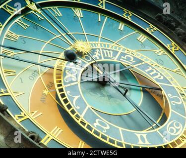 Primo piano dettaglio dell'orologio astronomico boemo con segni zodiacali di sole e luna e figure animate nella città vecchia di Praga, Repubblica Ceca. Foto Stock